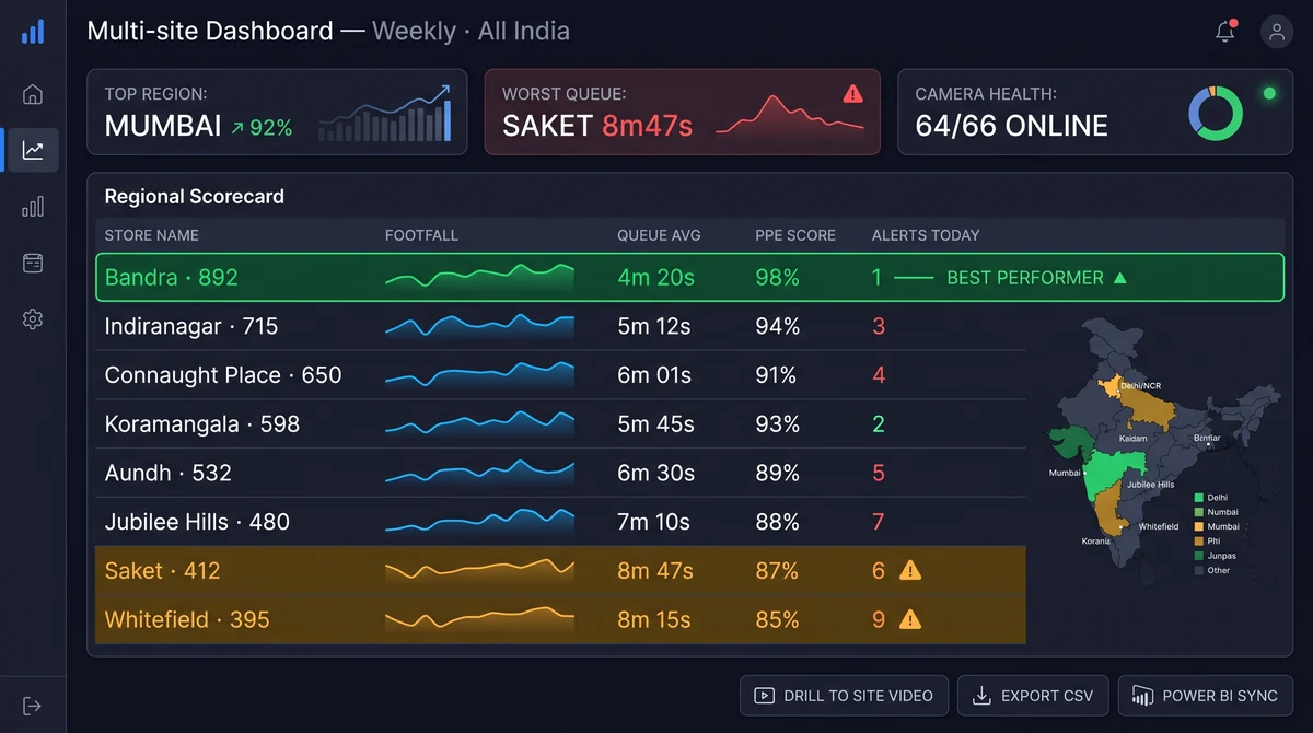 Multi-site dashboard with KPI tiles, map pins, and camera online status across retail locations