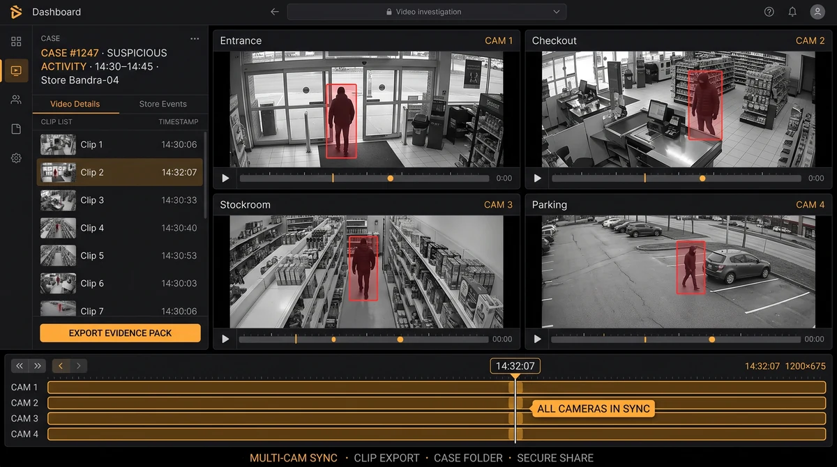 Video playback interface with synchronized multi-camera timeline and exported clip panel