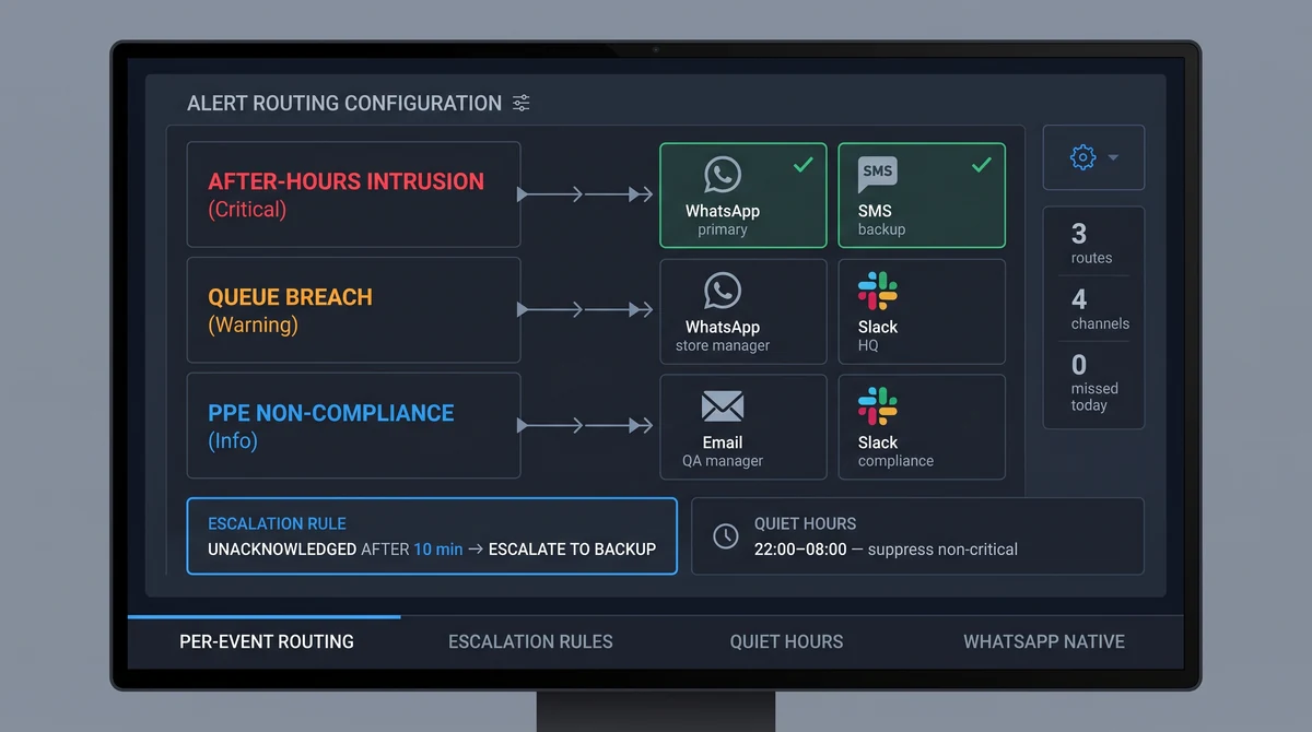 Alert routing diagram from AI detection to WhatsApp Slack SMS and email with clip preview