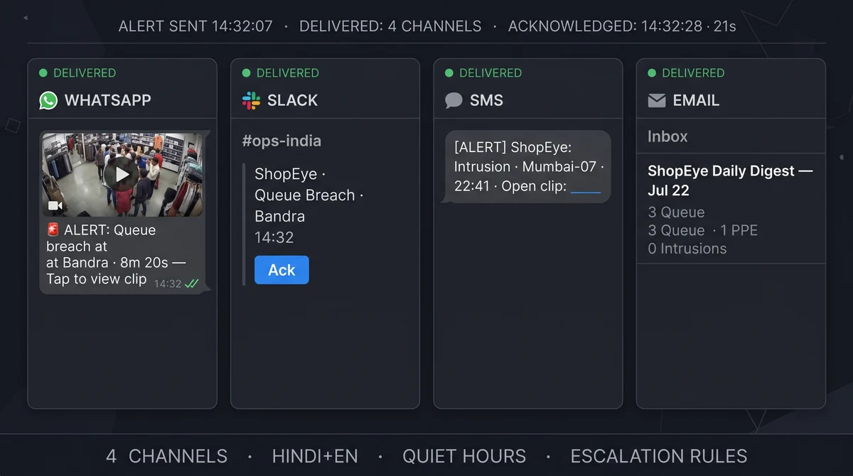 Multi-channel alert delivery showing WhatsApp Slack SMS and email notifications with video clip preview