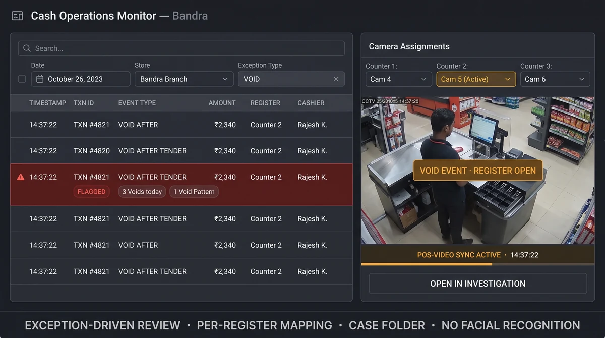 POS integration view linking register exception to checkout camera playback