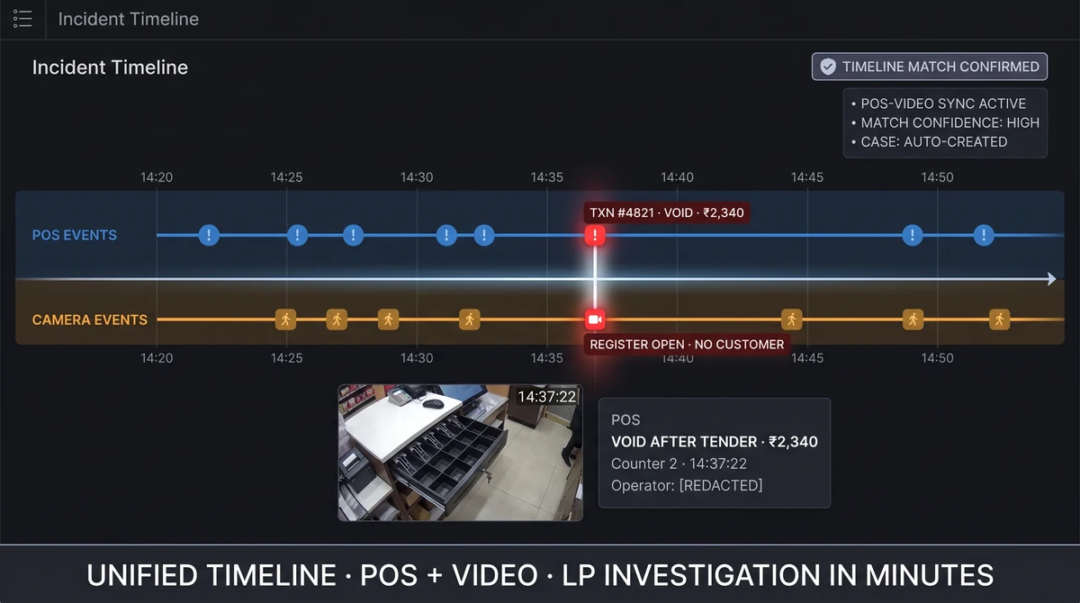 Unified timeline correlating POS void event with synchronized camera playback
