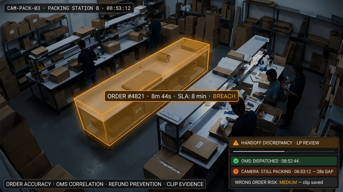Dark store packing station video correlated with order dispatch timestamp and OMS event