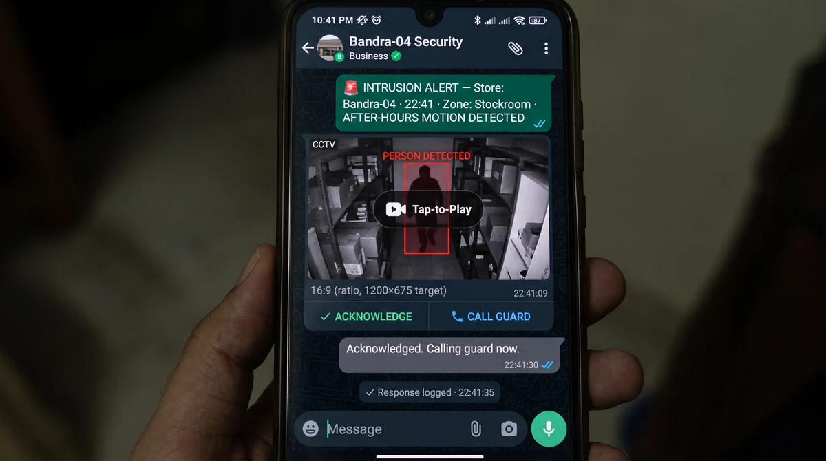 WhatsApp alert message with intrusion clip thumbnail and secure playback deep link