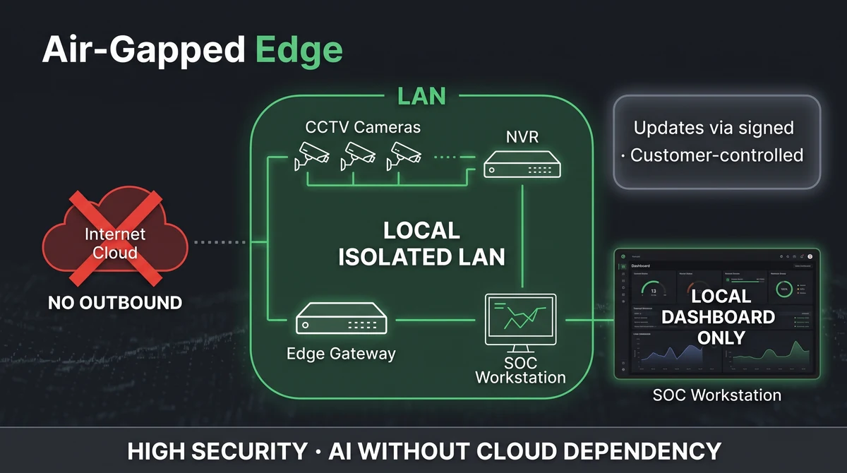 Air-gapped network diagram with edge gateway isolated from internet and local SOC console