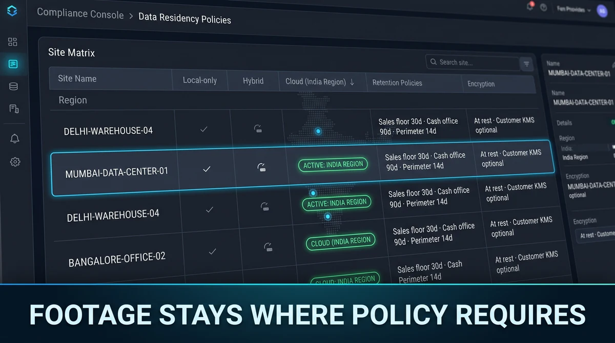 Data residency policy console showing in-network video storage India region and access audit log