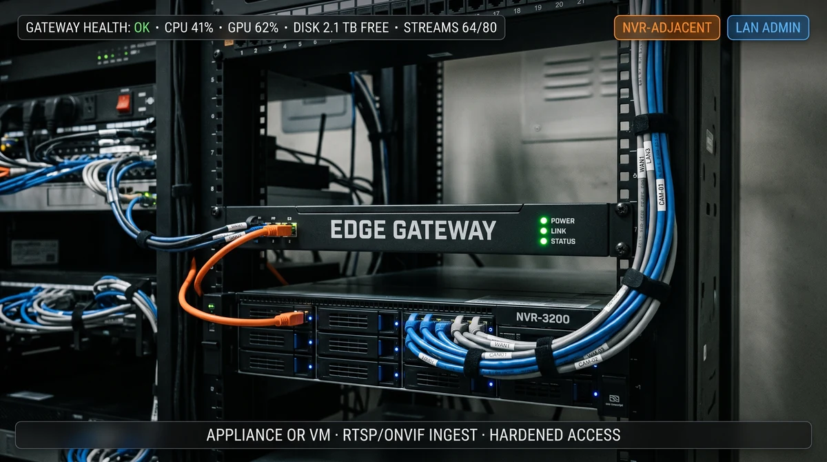Edge gateway appliance rack-mounted next to NVR with camera ingest and local AI status UI