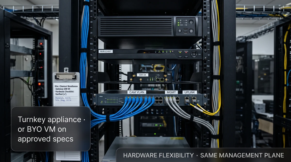 Server rack with Slinai edge appliance beside NVR and labelled network ports