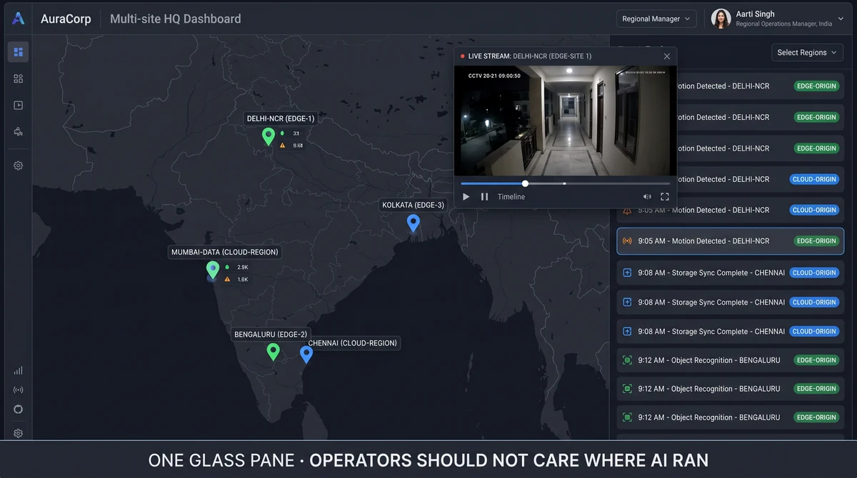 HQ multi-site dashboard receiving hybrid-synced events and clips from edge sites