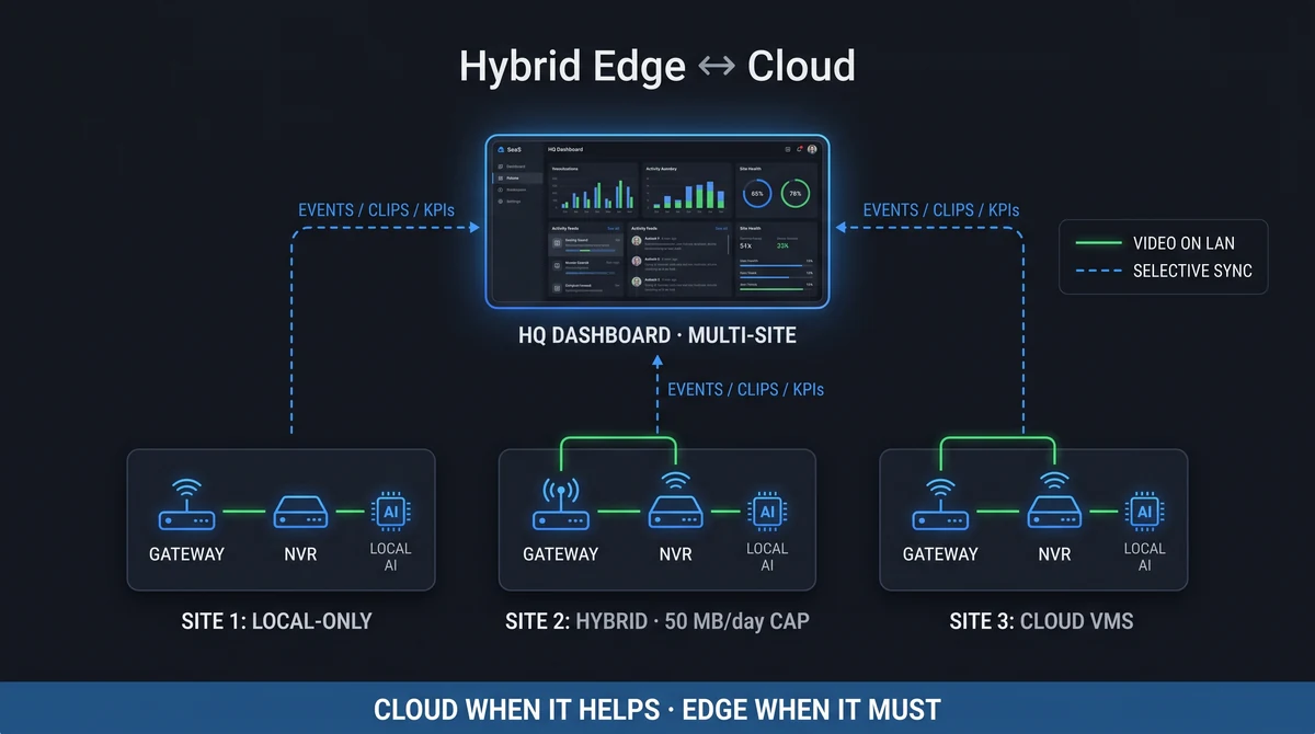 Hybrid architecture diagram showing edge gateways at sites syncing events to cloud HQ dashboard
