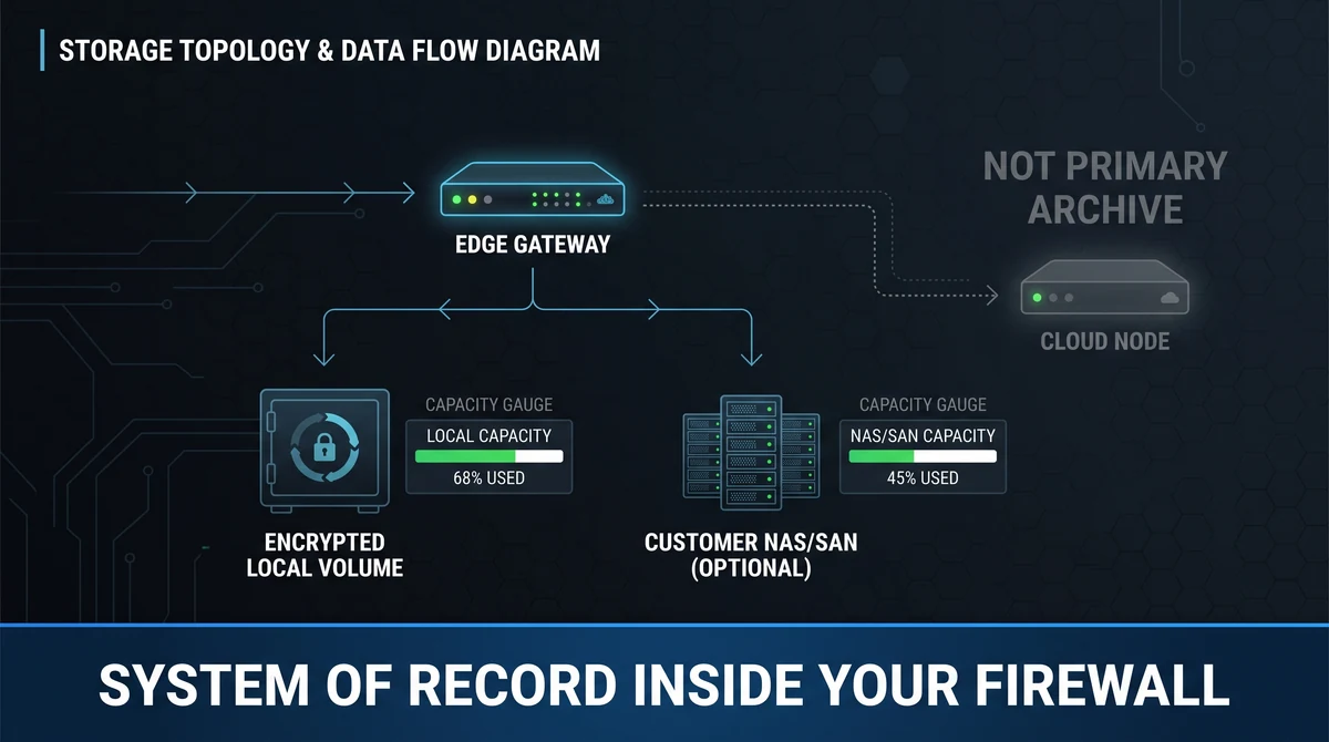 On-premise storage topology with edge gateway writing encrypted video to local NAS