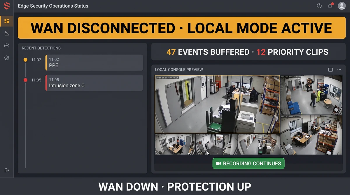 Edge gateway offline mode UI showing local detections continuing with WAN disconnected badge