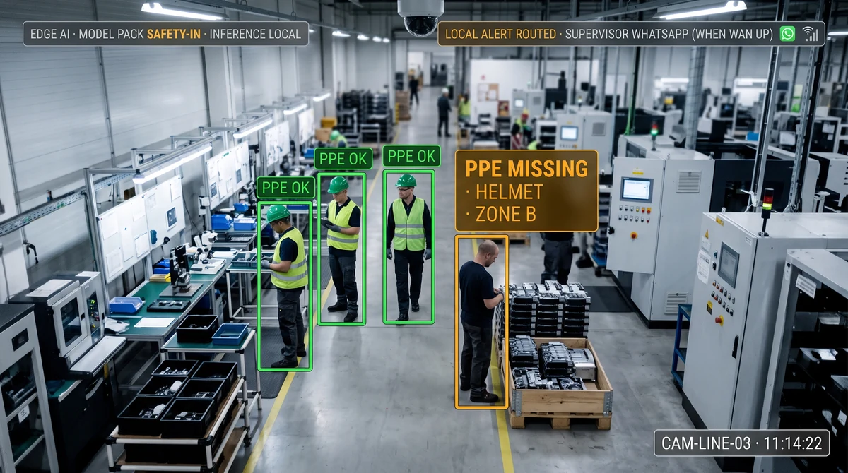 Factory CCTV with PPE detection overlays processed by on-site edge AI