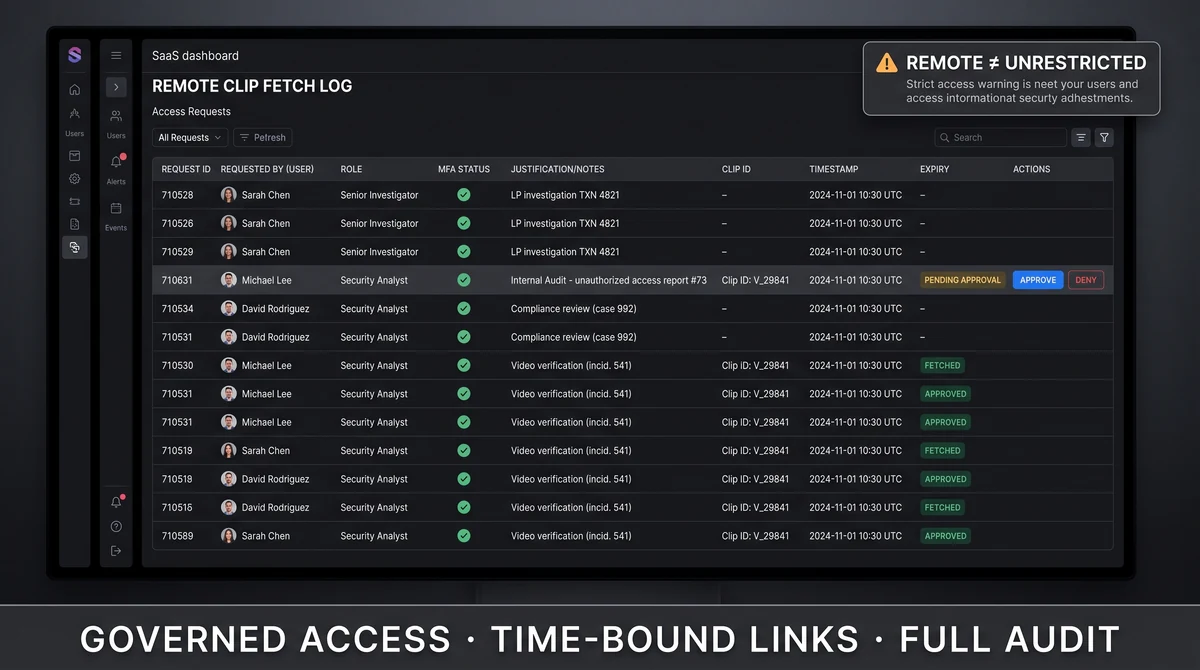 Access audit log for remote clip fetch with role MFA and justification fields