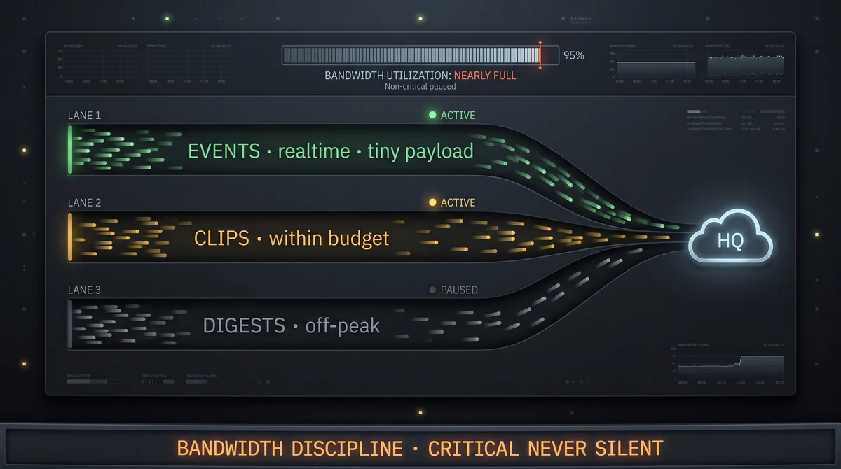 Selective upload pipeline showing events first then clips under daily bandwidth budget