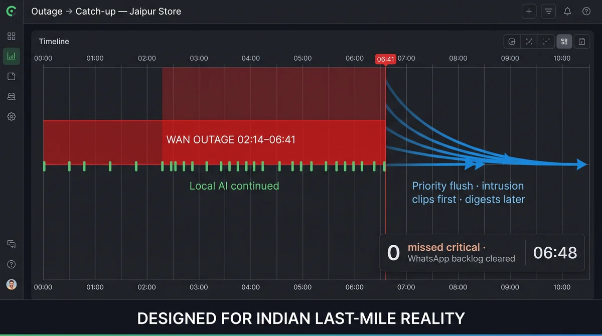Timeline showing WAN outage with local detections continuing and sync catch-up after restore
