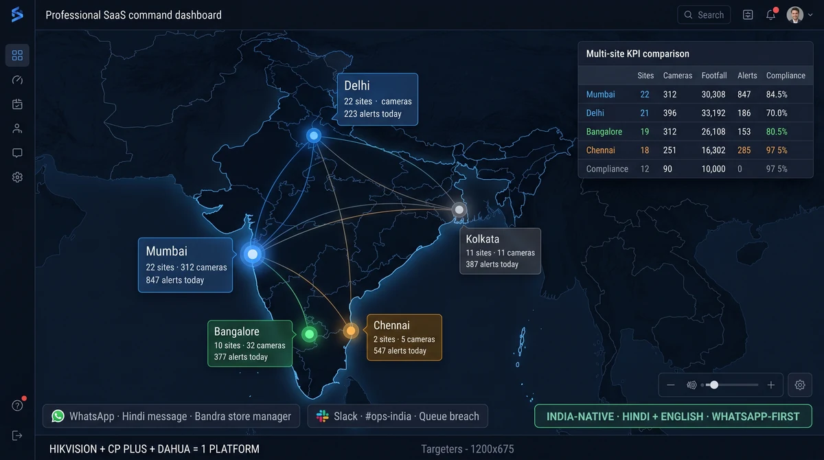 Multi-city retail map with Video AI KPI tiles and WhatsApp alert preview on mobile