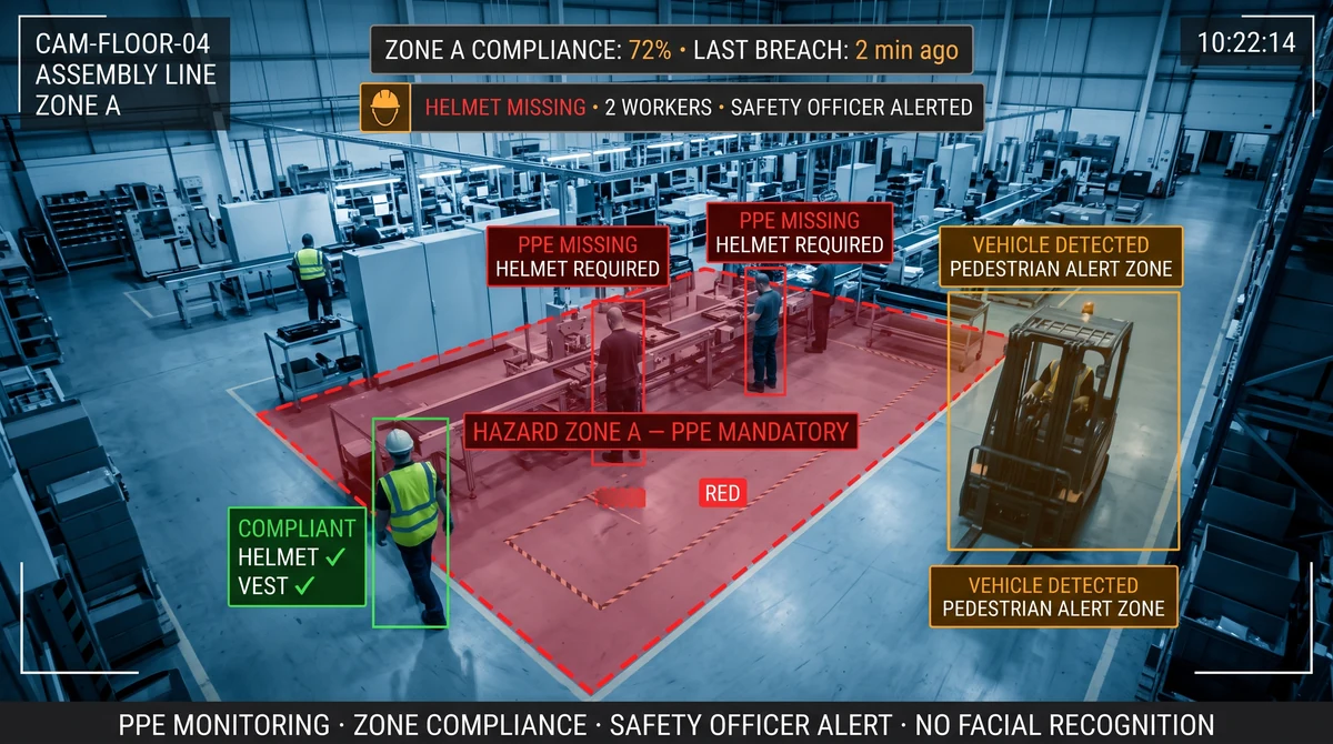 Warehouse loading bay with helmet detection zones and safety compliance KPI panel