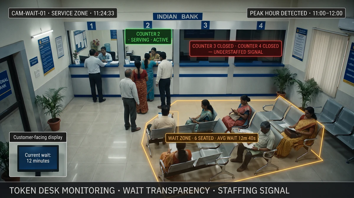 Bank branch token counter with queue wait dashboard and customer-facing display