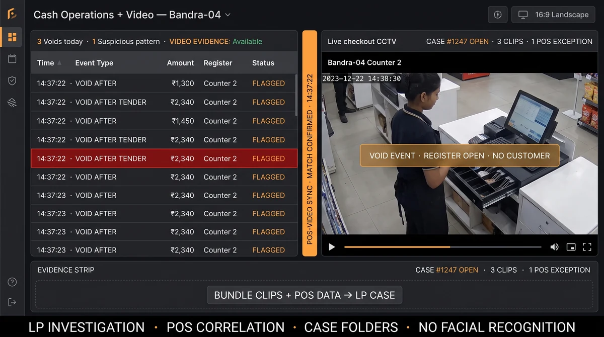 Retail LP dashboard linking POS void alert to stockroom camera clip and case notes