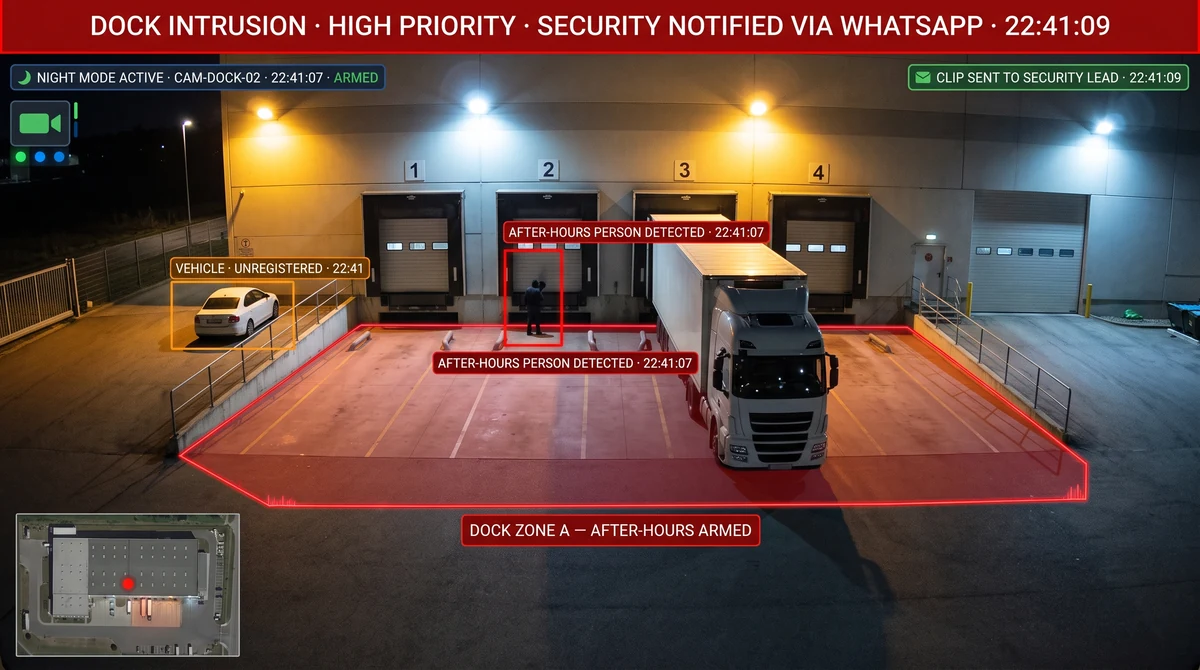 Warehouse dock anomaly detection with perimeter breach alert and night-shift security notification