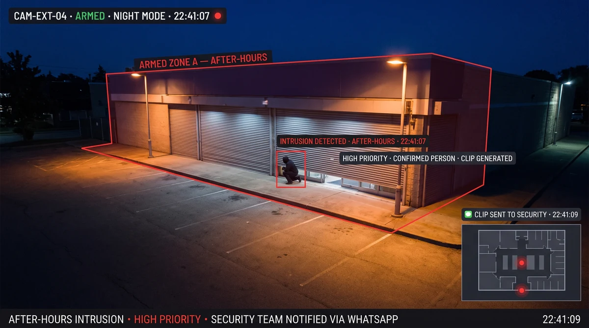 After-hours intrusion alert on warehouse loading bay with arming schedule timeline