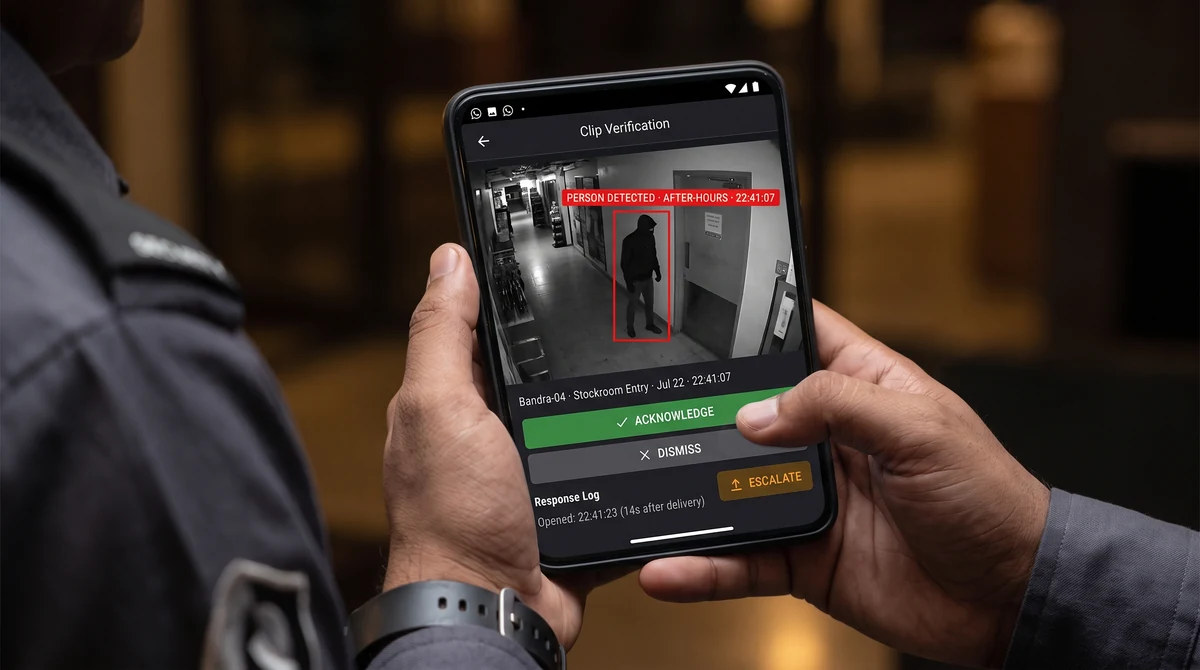 Security manager verifying after-hours intrusion clip on mobile WhatsApp notification