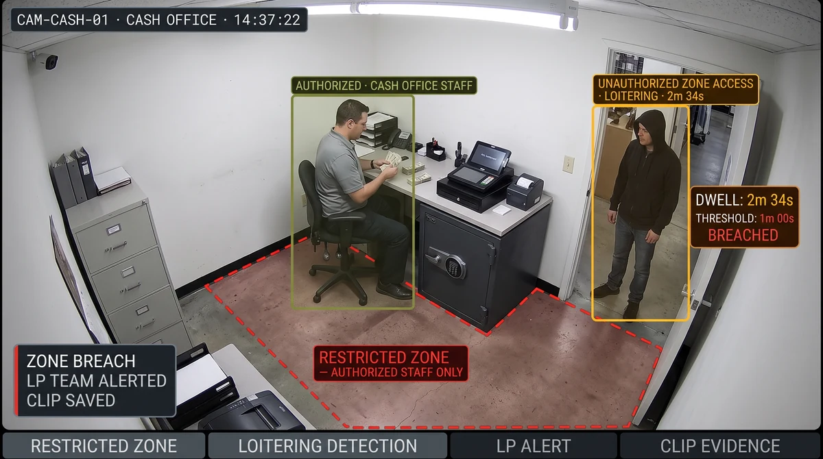 Retail cash office restricted zone with loitering alert visible on camera overlay