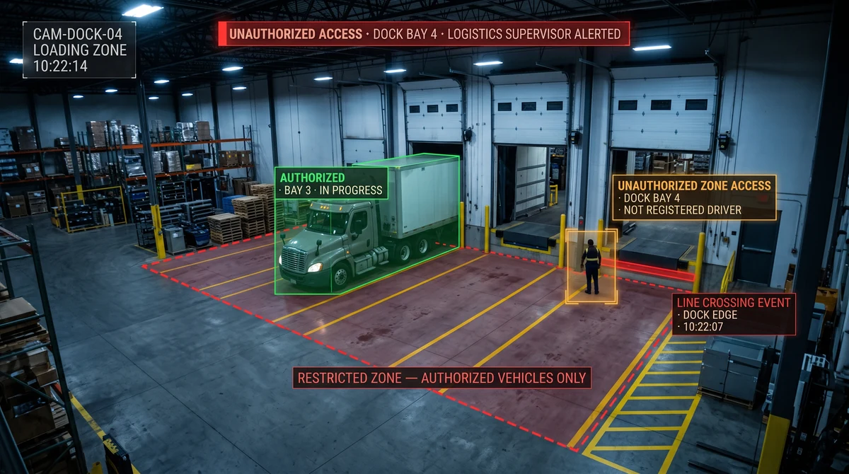 Manufacturing plant night view with armed zone overlay and after-hours alert feed panel