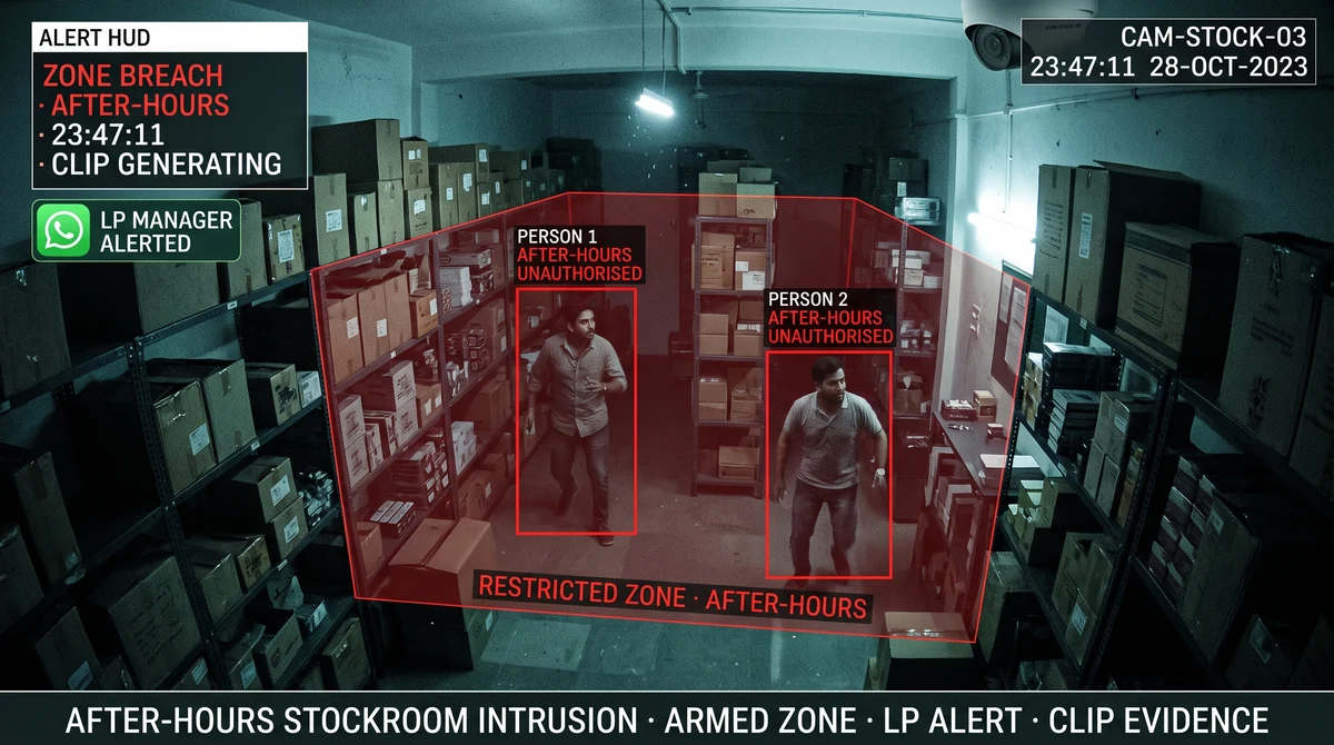 After-hours stockroom intrusion alert showing armed zone detection, 02:14 AM verified motion clip, and WhatsApp alert delivery timeline with security team response confirmation