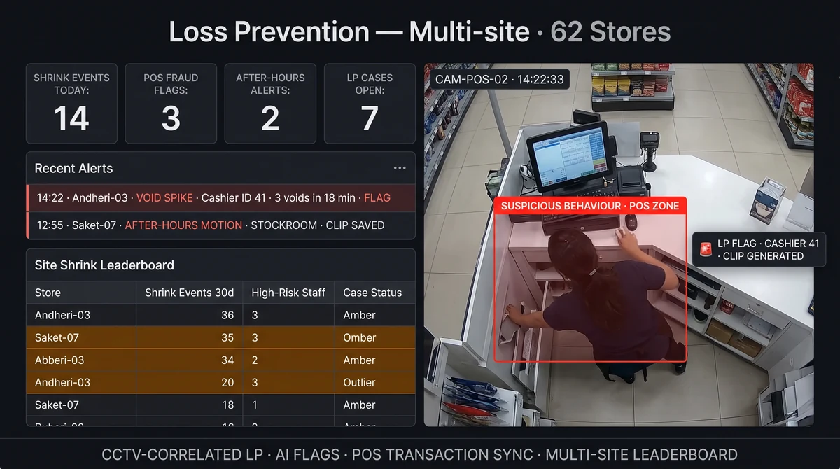 Loss prevention dashboard showing high-shrink zone alerts, POS void correlation timeline, and multi-site incident heatmap across a retail estate