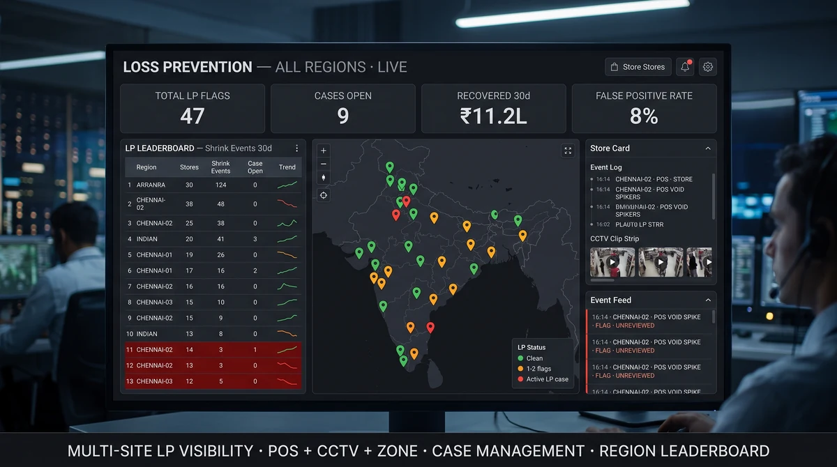 Multi-site LP dashboard showing national incident heatmap by city cluster, top-loss stores ranked by confirmed event count, format-group shrinkage benchmarks, and camera health status panel
