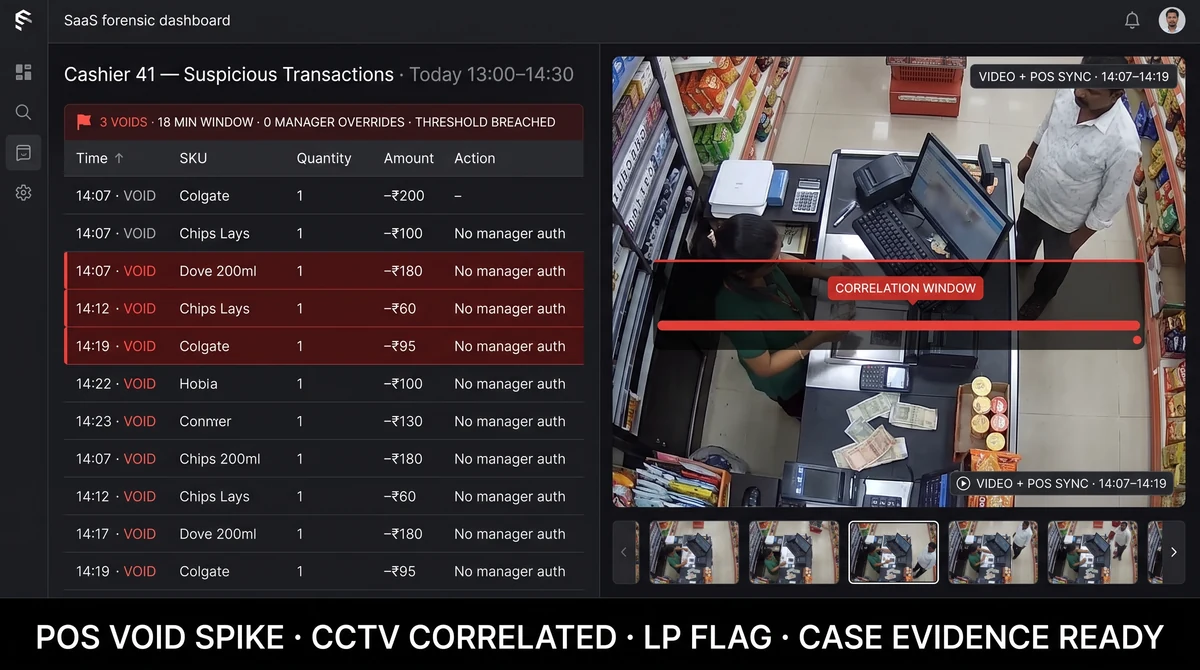 Split-screen investigation view showing POS void transaction record on the left and the corresponding billing-counter camera clip on the right, with LP case notes panel