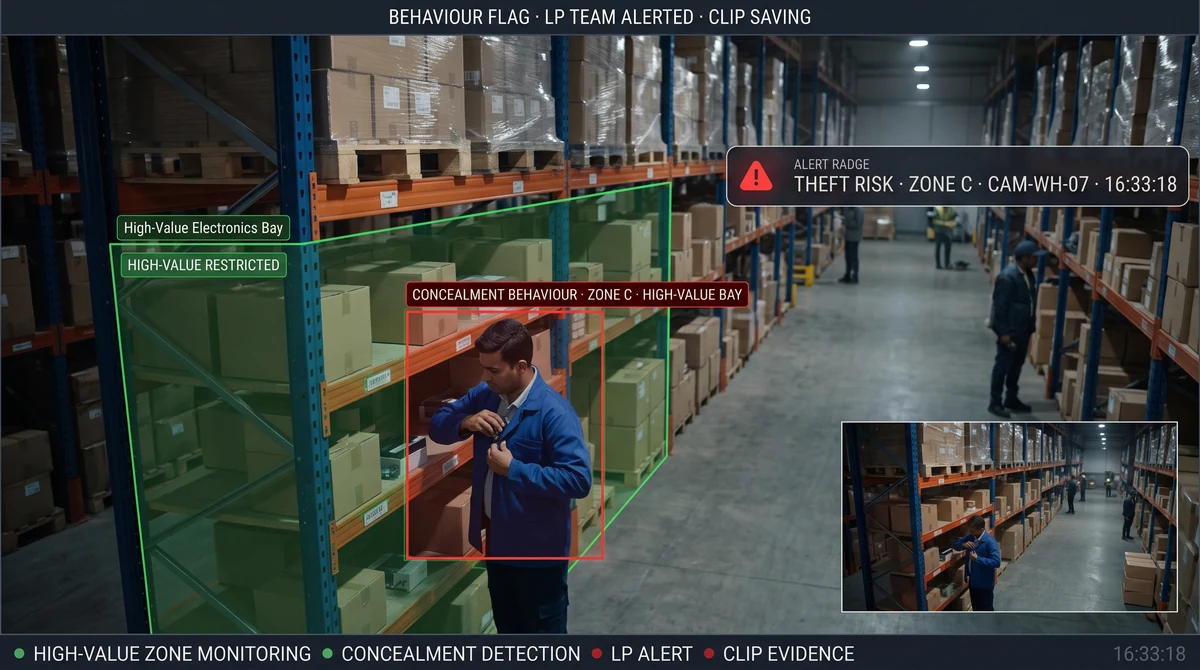 Warehouse receiving dock with Slinai zone overlay showing inbound vehicle unloading, GRN timestamp correlation panel, and anomalous dwell alert in the high-value SKU aisle