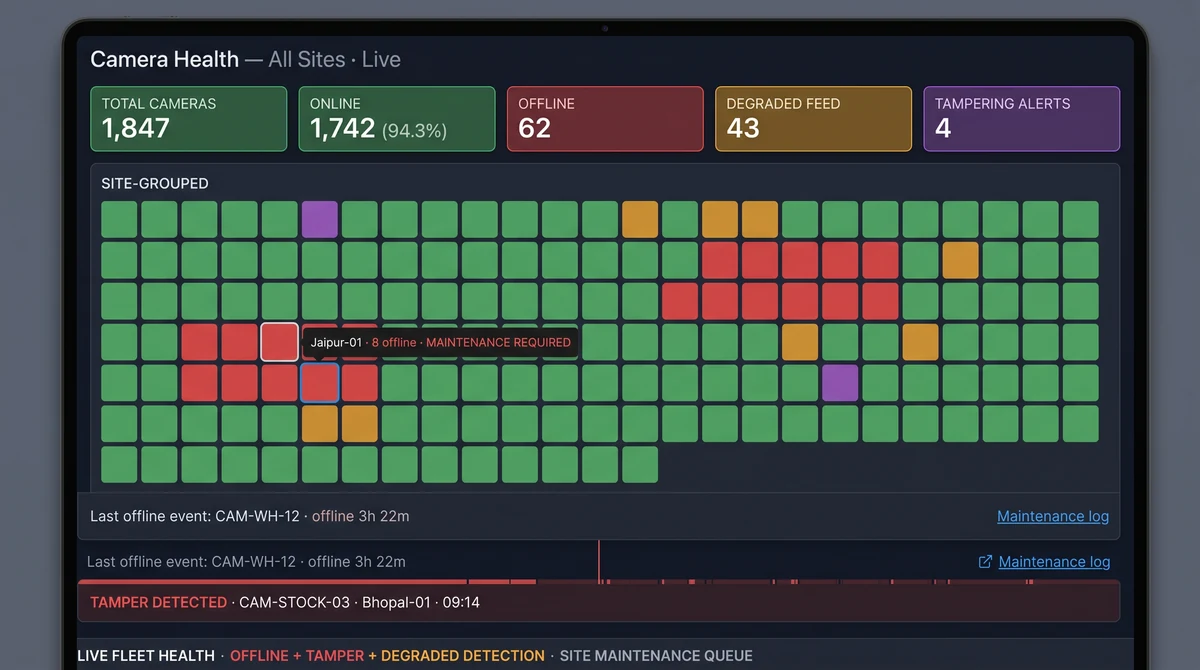 Camera fleet health matrix showing online status, last-seen timestamps, storage warnings, and firmware alerts for a mixed-vendor CCTV estate across 40 retail sites