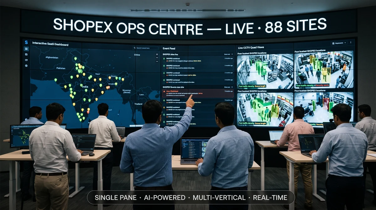 HQ command centre dashboard with opening-compliance tile, camera-fleet health summary, overnight alert volume by region, and top operational outliers for a 300-store national retail chain
