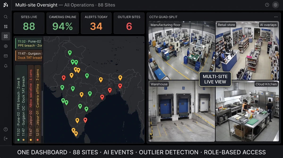 Slinai multi-site oversight dashboard showing regional map with site health tiles, KPI league table, and camera fleet status for a retail chain spanning multiple cities