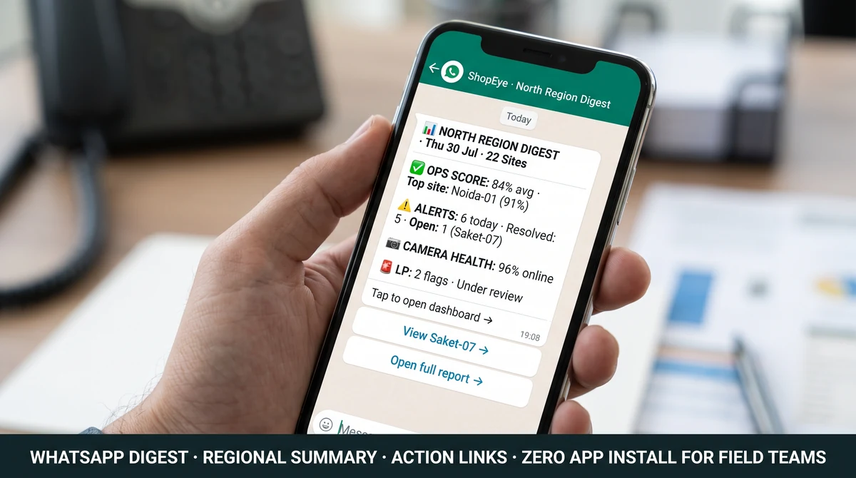 WhatsApp regional digest message showing shift-end summary with top alert stores, offline camera count, and opening compliance status for an area manager covering 12 retail outlets