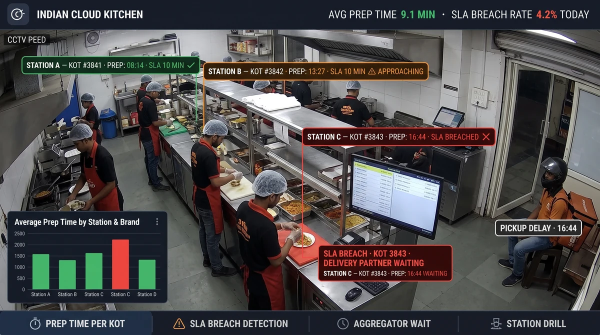 Cloud-kitchen prep SLA analytics showing order-to-dispatch stage breakdown, packaging station throughput trend, and aggregator SLA breach alert panel for a multi-brand kitchen hub