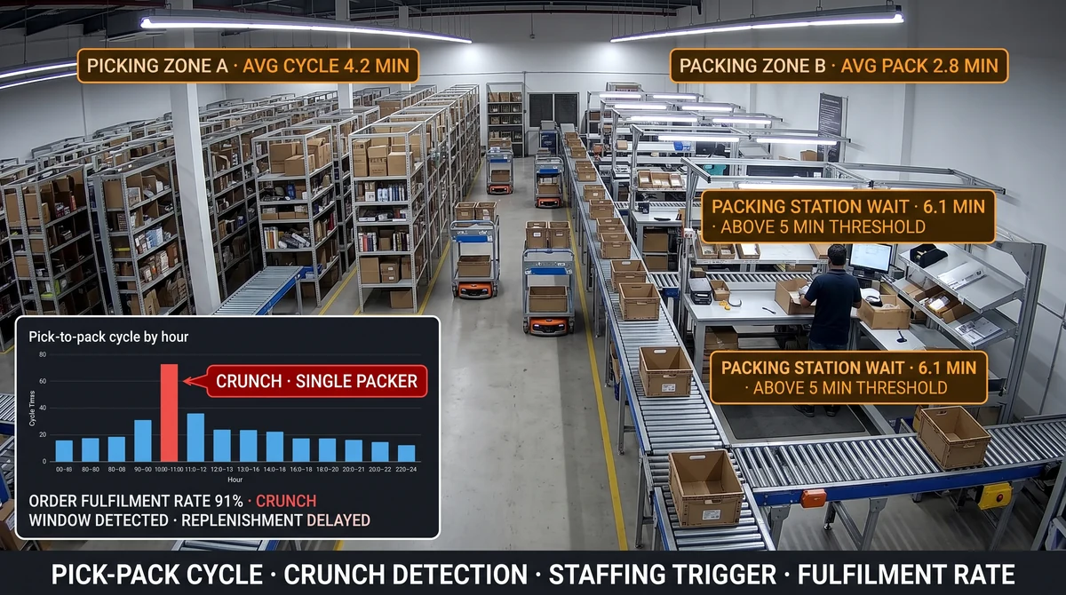 Dark-store pick-pack analytics dashboard showing active picker count, pick-path congestion heat map, and order-to-dispatch SLA tracking across fulfilment bays