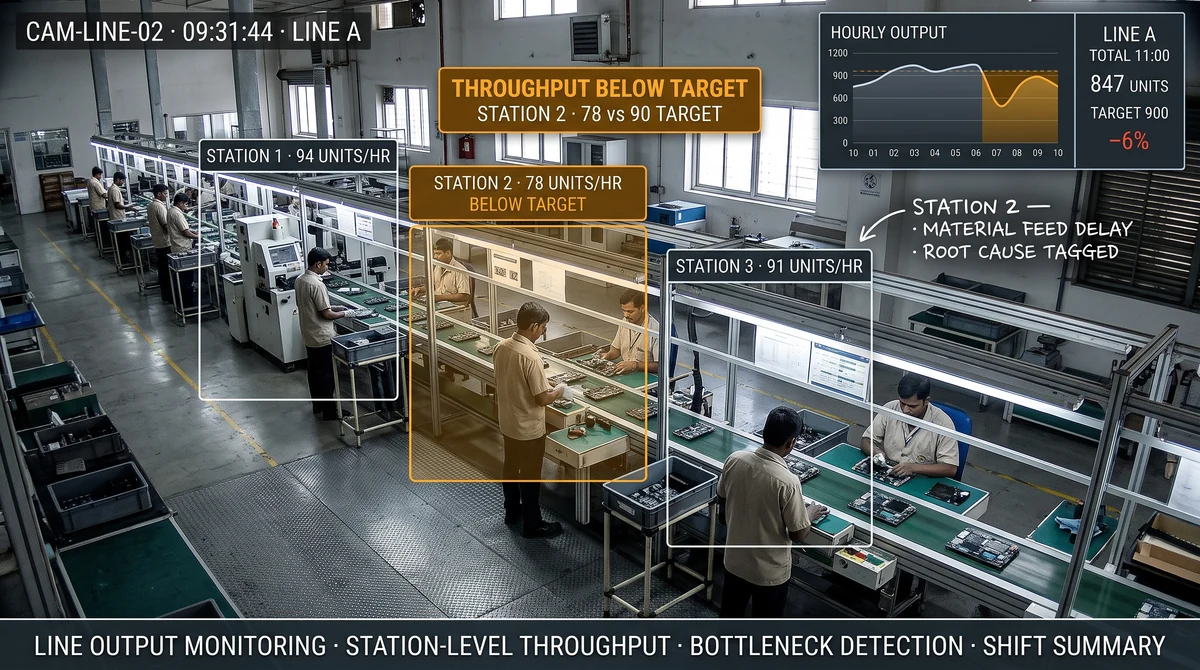 Manufacturing line output analytics showing station activity status, shift idle-time distribution, and line-pause alert panel for an FMCG packaging facility