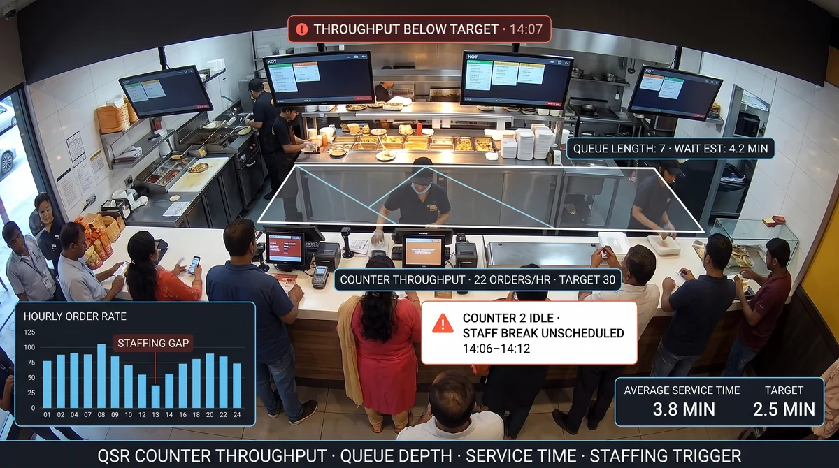 QSR counter throughput analytics showing service-time distribution, peak-hour covers-per-hour trend, queue depth heatmap, and counter abandonment alert for a quick-service restaurant chain