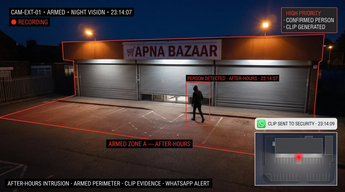 Retail store floor plan overlay showing armed zones across stockroom, back-of-house, and cash desk with after-hours intrusion marker