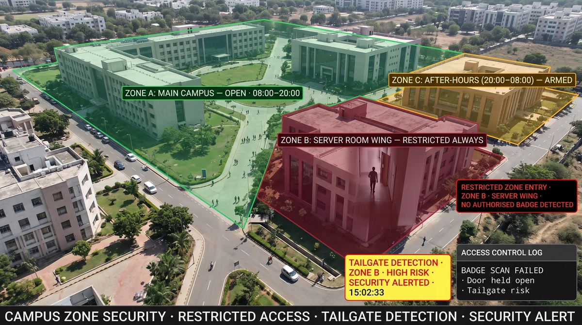 Education campus plan showing server room and exam hall restricted zone polygons with loitering and after-hours entry alert overlays
