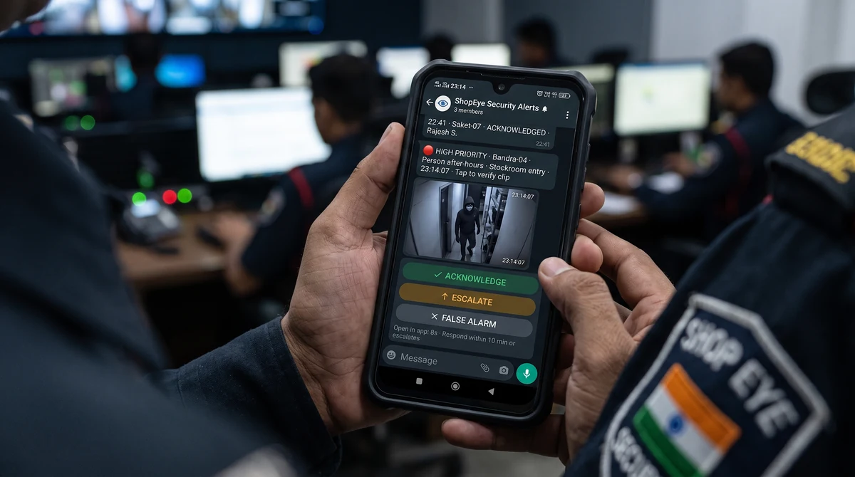 Mobile WhatsApp clip verification workflow showing thumbnail, 15-second clip playback, acknowledge, escalate, and forward actions on intrusion alert