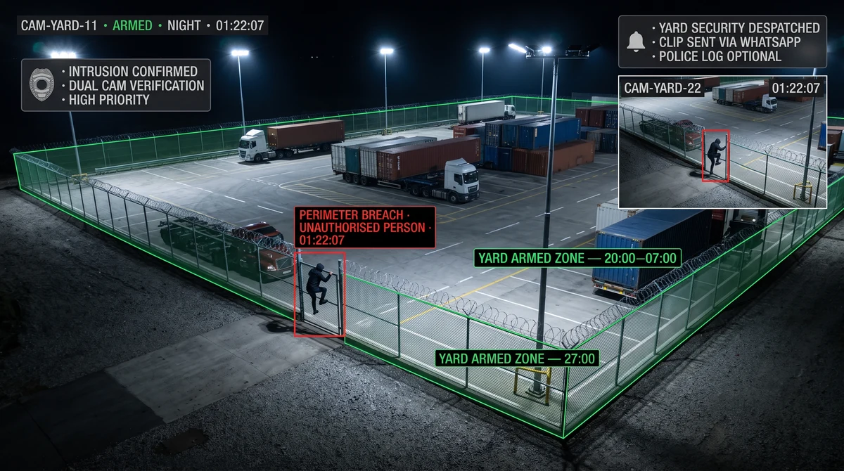 Logistics yard overhead view with perimeter line-crossing zone on dock approach, high-value staging polygon, and after-hours vehicle intrusion alert panel