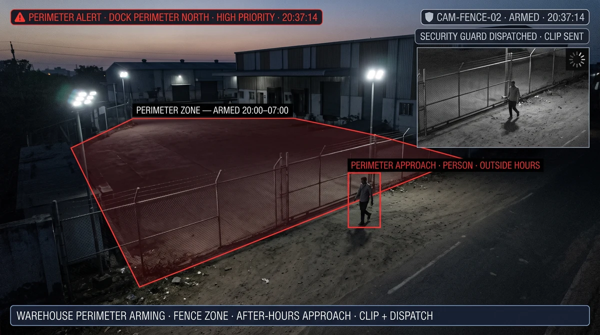Warehouse compound perimeter zone layout with line-crossing detection on dock approach and unauthorised vehicle intrusion alert