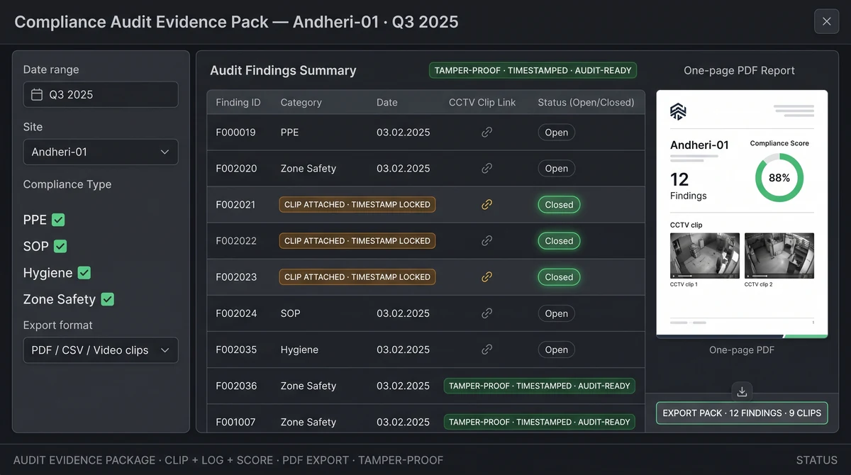 Slinai audit evidence pack export interface showing FSSAI-ready compliance log with timestamped clip references, zone IDs, and structured CSV download for a cloud kitchen's hygiene audit