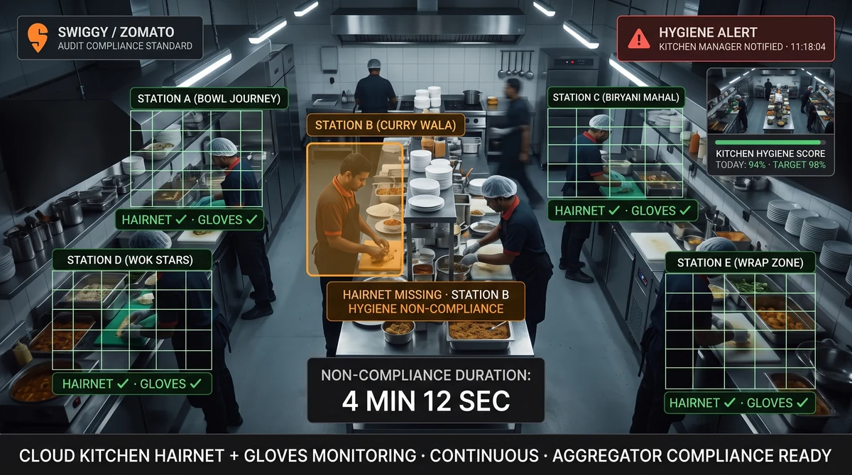 Cloud kitchen multi-brand prep area with Slinai hairnet and glove detection per brand station, compliance log export panel, and FSSAI audit-ready evidence summary