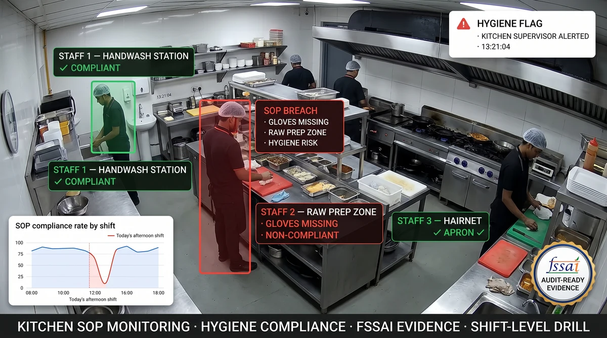 QSR kitchen prep line with Slinai hygiene SOP detection highlighting a missing glove-change event, compliance timeline for the shift, and WhatsApp alert to kitchen supervisor